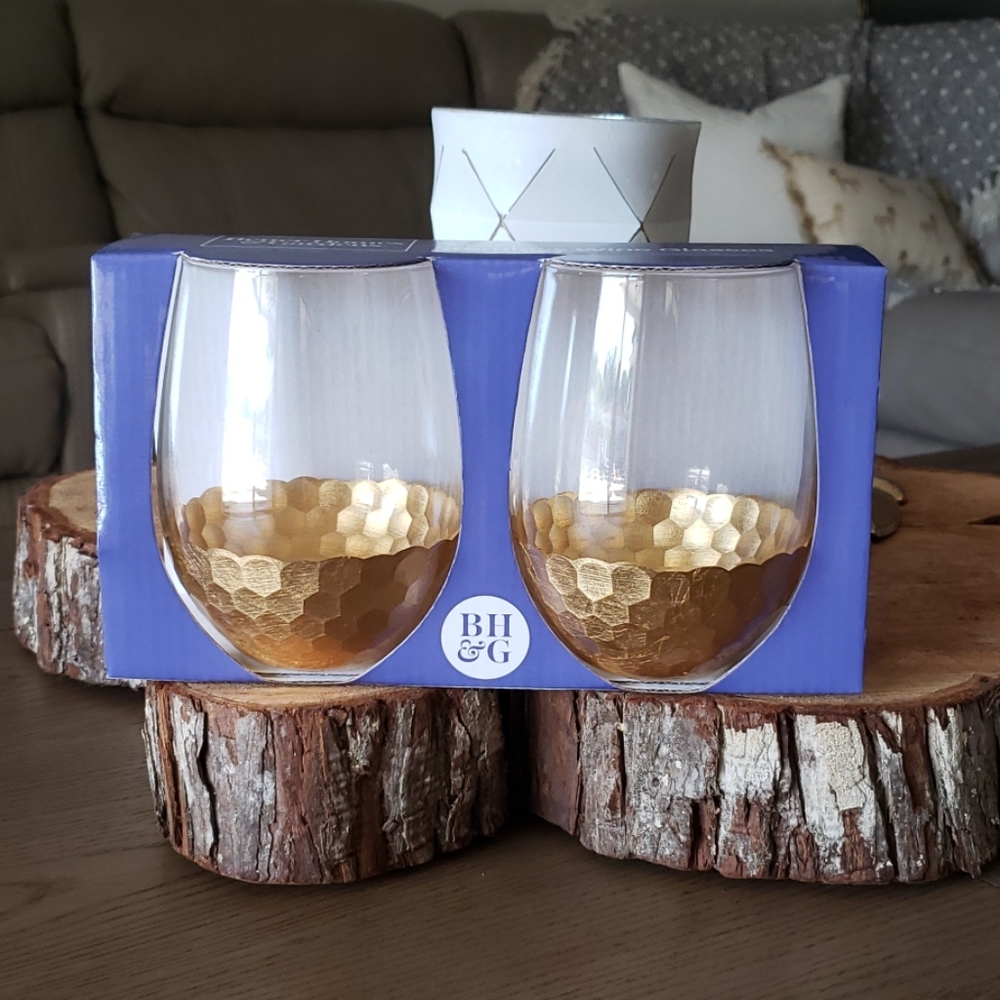 Gold Honeycomb Stemless Wine Glasses